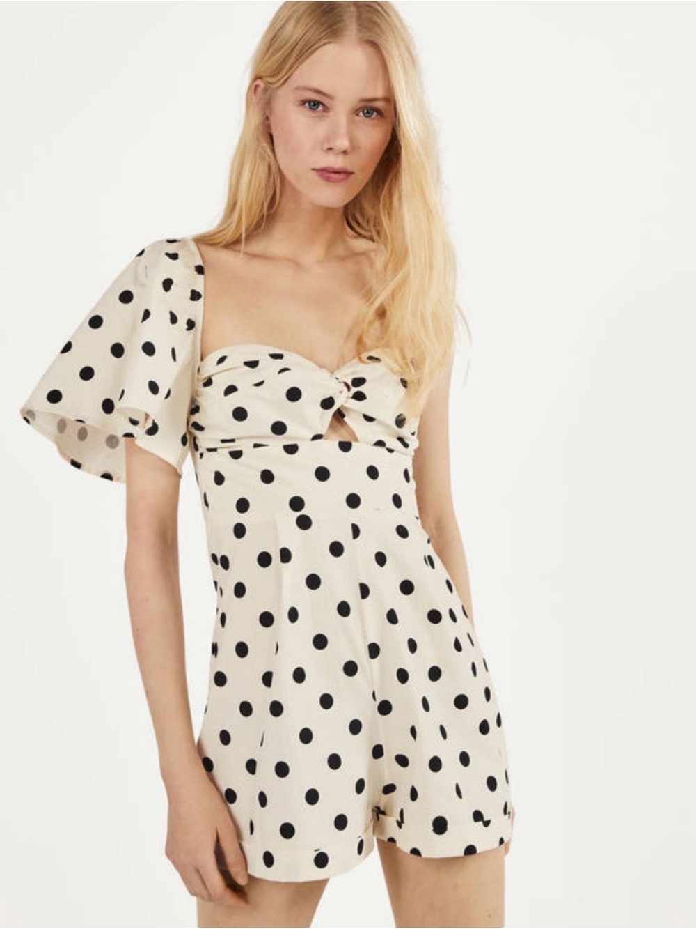Bershka Cream One-Shoulder Polka Dot Romper with Black Dots